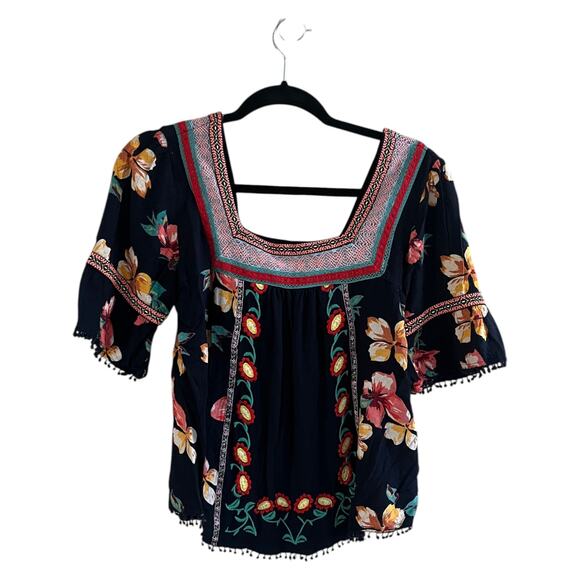 By Anthropologie Dakota Embroidered Square Neck Floral Boho Top Blouse Navy XS - Picture 2 of 9